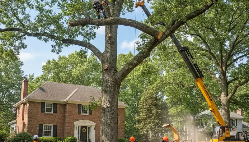 Professional arborists using crane and chainsaws for safe tree removal in Indianapolis, IN