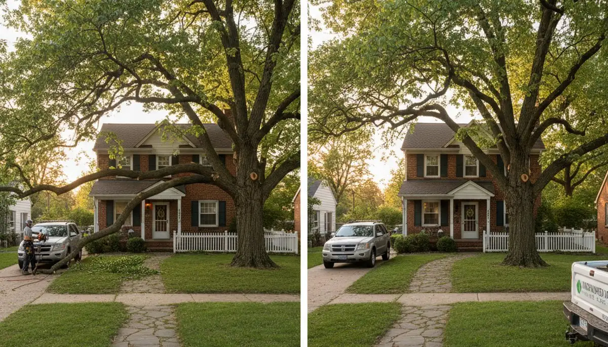 Arborist lifting tree canopy for better driveway access during tree trimming in Indianapolis, IN