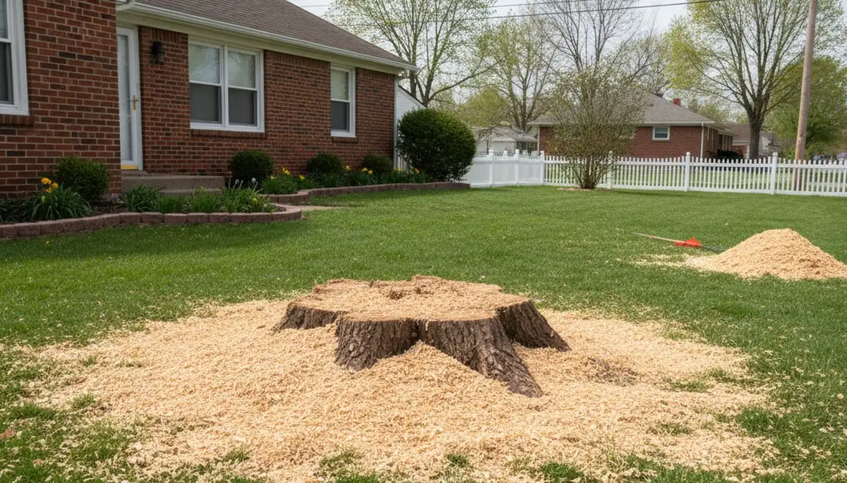 Finished stump grinding after shrub removal in Indianapolis IN with wood chips and level lawn prep