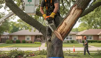 Arborist removing dead branches from mature tree for safe trimming in Indianapolis IN