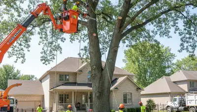 Arborists removing large tree with bucket truck in Brownsburg near Indianapolis, IN tree removal service