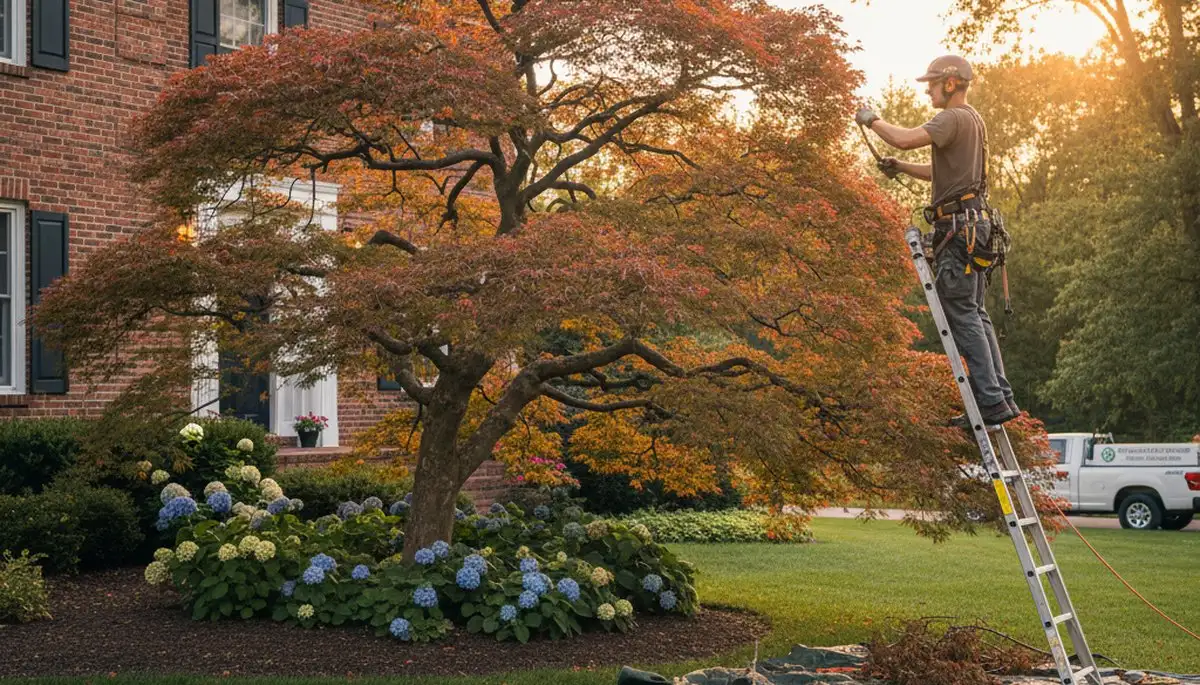Arborist hand pruning ornamental Japanese maple in Indianapolis yard to enhance tree health and curb appeal