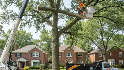 Arborists performing safe tree removal with professional equipment in Indianapolis, IN