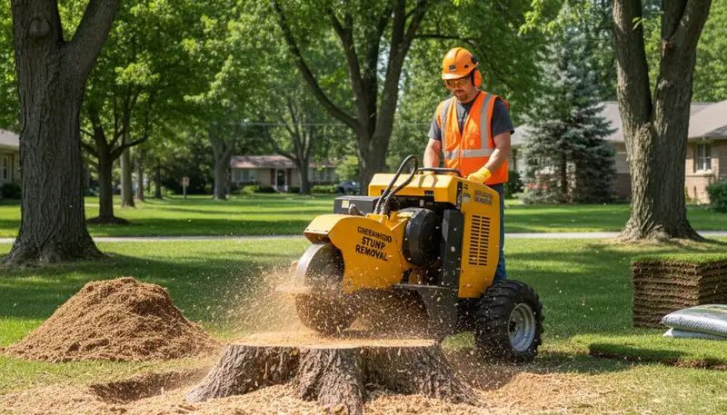 Professional stump grinding in Greenwood, IN removing tree stumps for lawn restoration and landscaping
