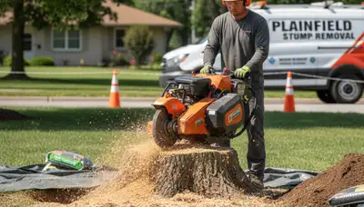 Professional stump grinding removing tree stumps in Plainfield, IN for lawn restoration and pest prevention