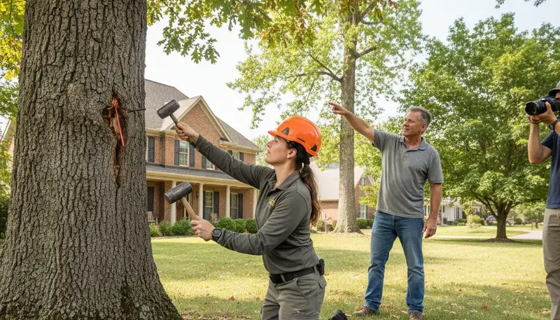 Certified arborist performing tree health assessment for homeowners in Greenwood, Indianapolis, IN