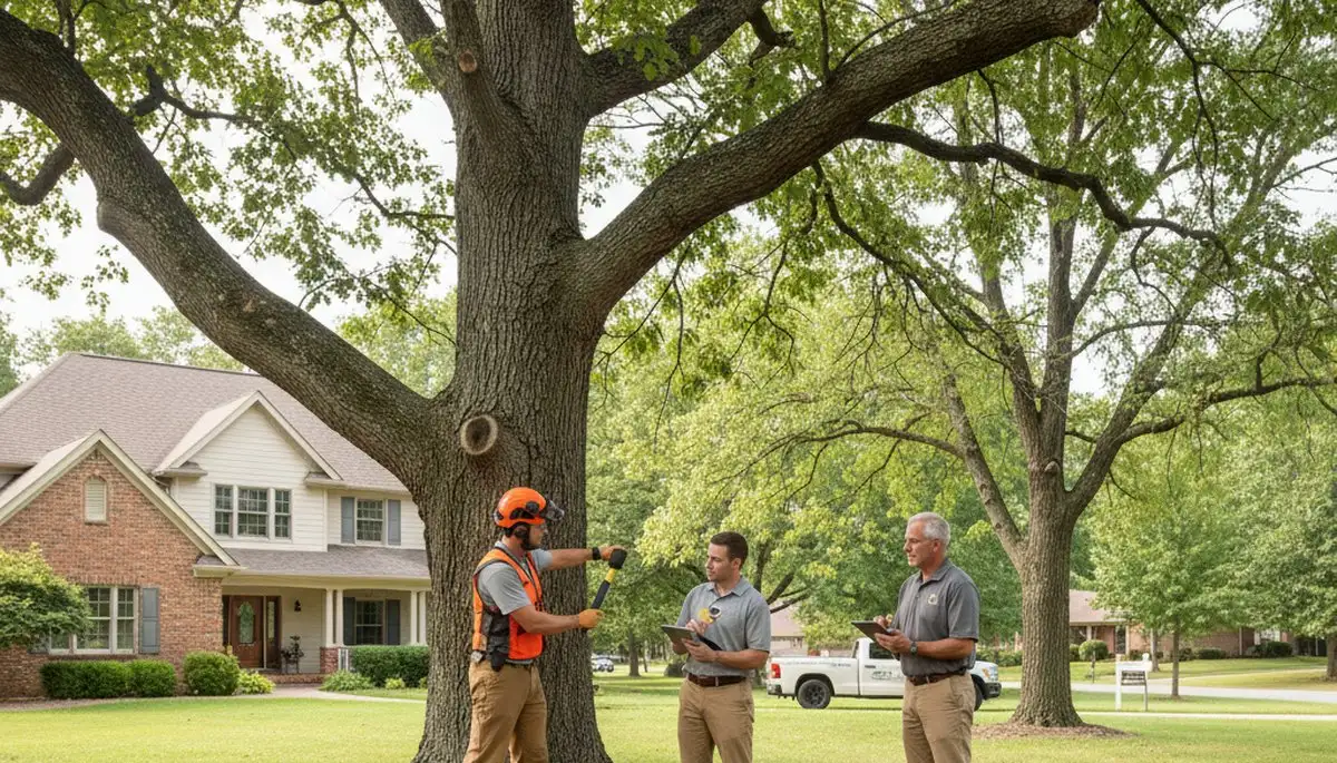 Certified arborist performing tree health assessment in Plainfield, Indianapolis IN yard