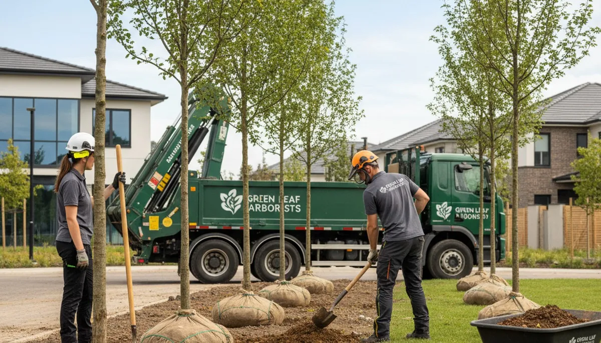 Arborists planting new shade trees in Indianapolis IN yard for expert tree service and landscaping