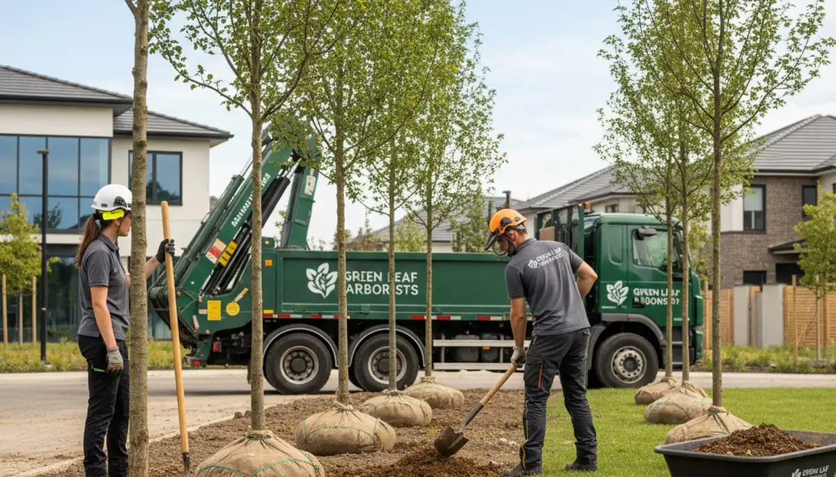 Arborists planting new shade trees in Indianapolis IN yard for expert tree service and landscaping