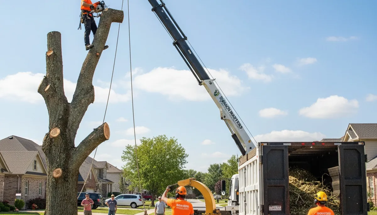 Arborists performing tree removal in Indianapolis, IN for residential property safety and storm cleanup