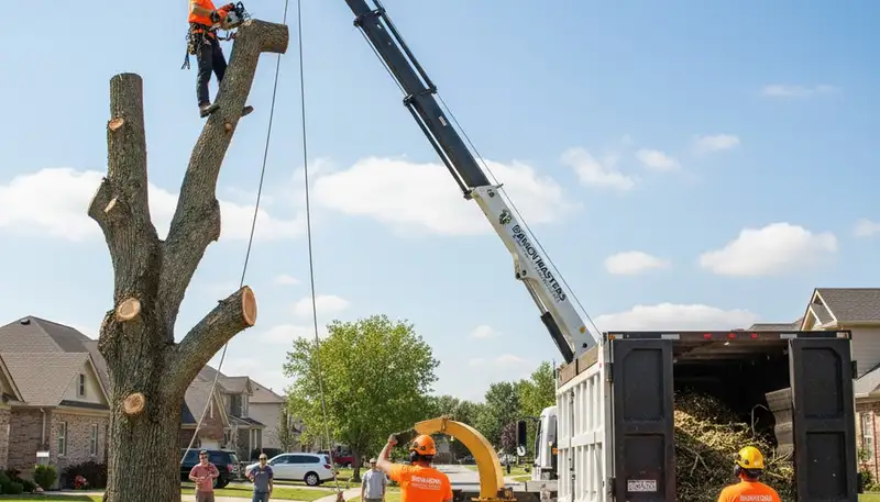 Arborists performing tree removal in Indianapolis, IN for residential property safety and storm cleanup