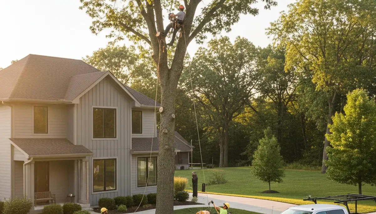 Professional tree removal service in Indianapolis IN safely cutting down large oak tree