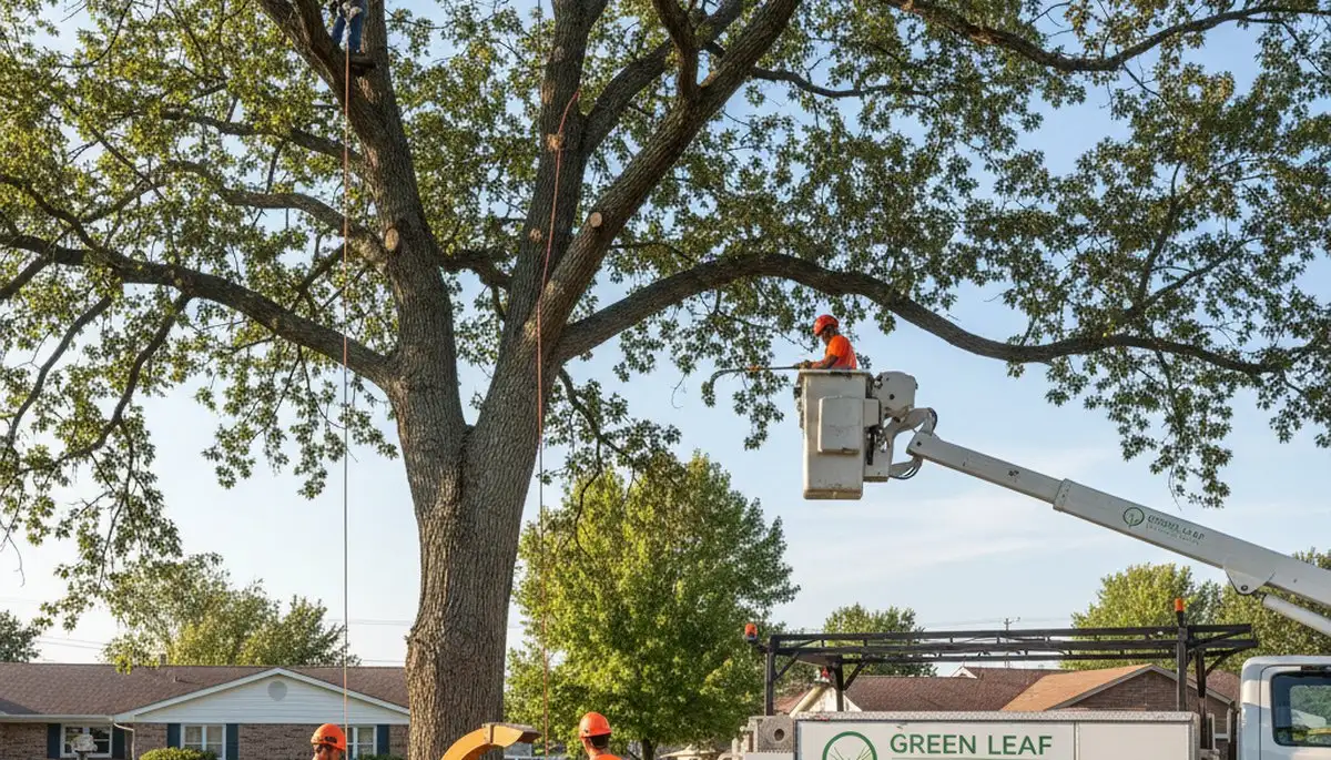 Professional tree removal service in Indianapolis IN by certified arborists trimming large oak tree